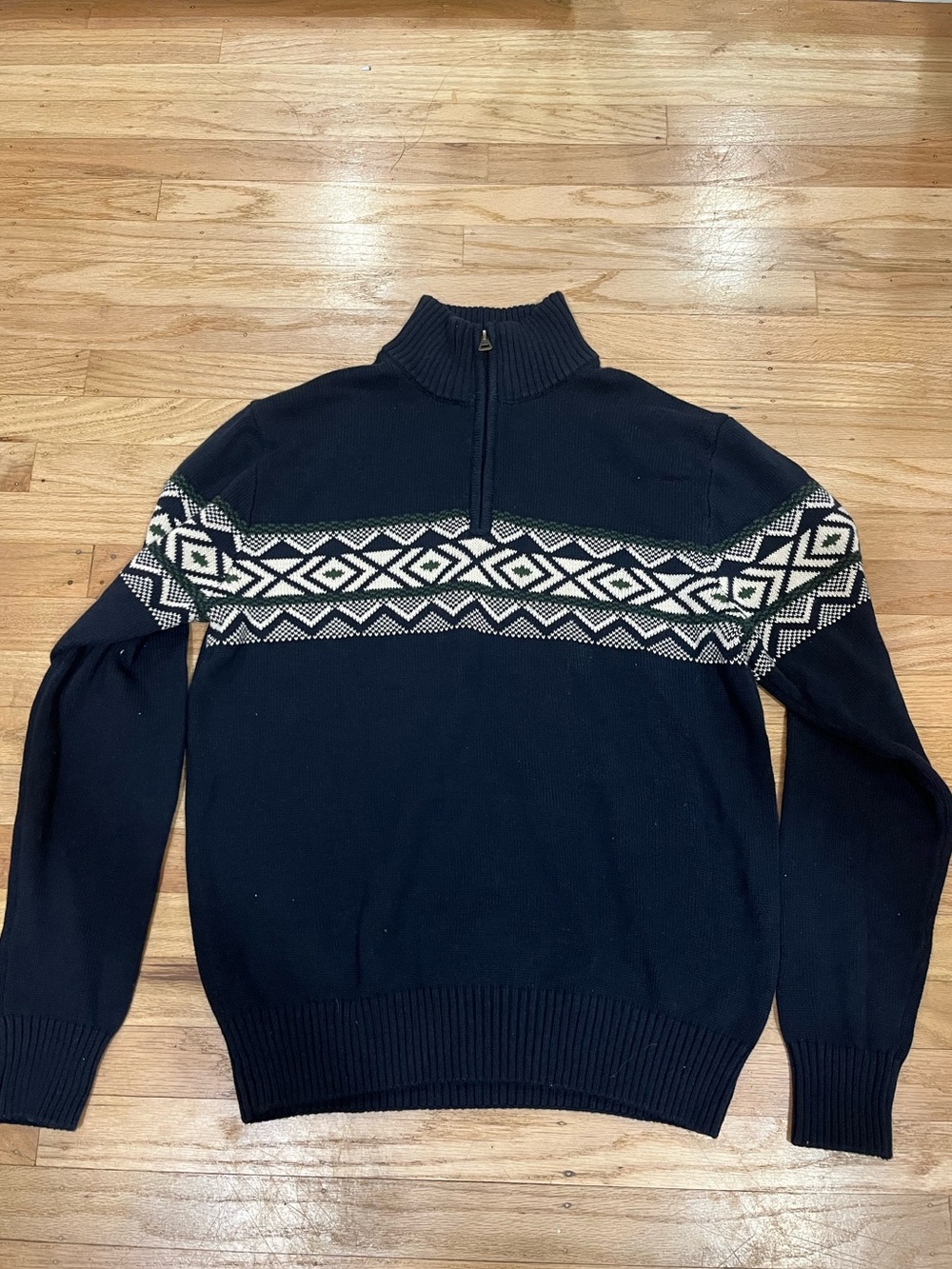 Weatherproof Navy Zip-Up Sweater with White Fair Isle Stripe